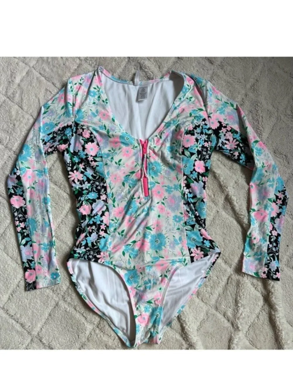 Celebrity Pink | Long Sleeve Zip-Front One-Piece Swimsuit | Size Large (11-13)